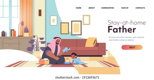 arab father playing with little son at home fatherhood parenting concept dad spending time with his kid modern kitchen interior horizontal full length copy space vector illustration