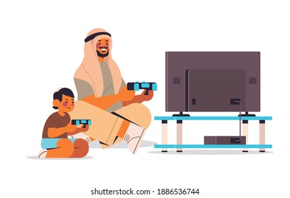 arab father playing video games on game console with little son parenting fatherhood concept dad spending time with his kid full length horizontal vector illustration