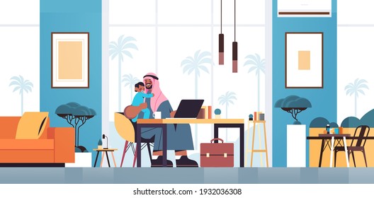 arab father sitting at workplace with little son fatherhood parenting concept dad spending time with his kid at home living room interior horizontal full length vector illustration