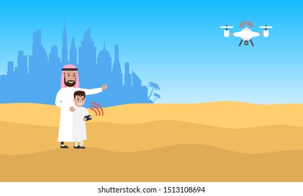 arab father and son launch a drone in desert landscape