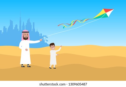  arab father and son launch a kite in desert