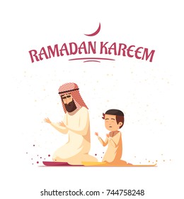 Arab father and son in traditional muslims clothing praying during ramadan kareem holy month celebrations cartoon vector illustration  