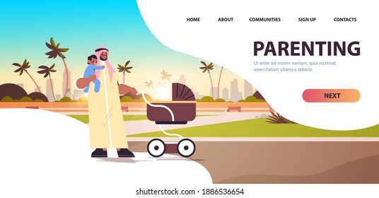 arab father walking outdoor with little baby son fatherhood parenting concept dad spending time with his kid cityscape background horizontal full length copy space vector illustration