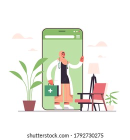 arab female doctor with first aid kit in smartphone screen chat bubble communication online consultation healthcare medicine medical advice concept vector illustration