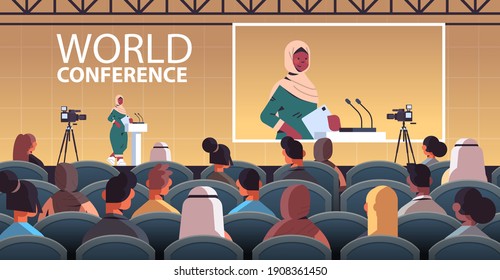 arab female doctor giving speech at tribune with microphone medical conference meeting medicine healthcare concept lecture hall interior horizontal vector illustration