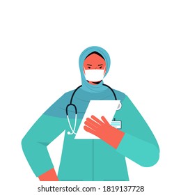 arab female doctor in uniform wearing mask to prevent coronavirus pandemic labor day celebration concept portrait isolated vector illustration