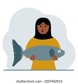 A arab female fisherman holds a large fish, proud of good fishing or hunting. Hobby, fishing concept. Vector flat illustration