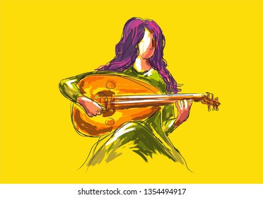 Arab Female Oud Musician Illustrated Art