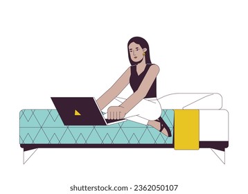 Arab female student studying in bed flat line color vector character. Editable outline full body person on white. Student studying at home simple cartoon spot illustration for web graphic design