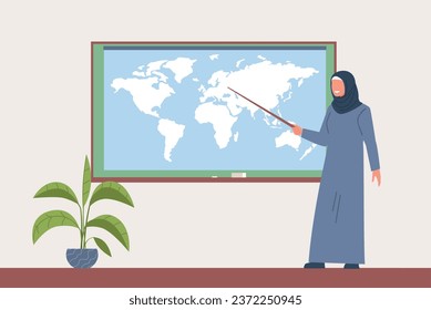 Arab female teacher in hijab stands with pointer near blackboard in her classroom. Earth map on black board, woman with pointer teaching geography. Cartoon flat isolated vector concept