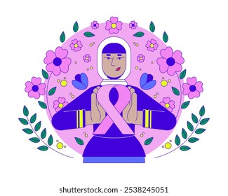 Arab feminist movement of pink ribbon 2D illustration concept. Breast cancer solidarity. Muslim hijab woman femininity cartoon character isolated on white. Metaphor abstract flat vector graphic