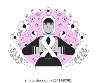 Arab feminist movement of pink ribbon black and white 2D illustration concept. Breast cancer solidarity. Muslim hijab woman femininity outline character isolated. Metaphor monochrome vector art