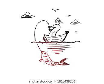 Arab fishing in a boat. Hand drawn sketch of an Arab in a boat catching a fish in a lake. Suitable for fishing expeditions. 