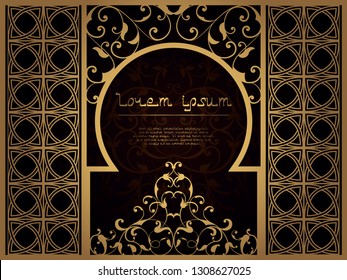 Arab flower frame for laser cutting. Page template for menu, greeting card, restaurant, wedding invitation. Interroom partition for Islamic interior. Ramadan Kareem carved cover, Ramadan Mubarak