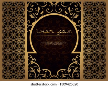 Arab flower frame for laser cutting. Page template for menu, greeting card, restaurant, wedding invitation. Interroom partition for Islamic interior. Ramadan Kareem carved cover, Ramadan Mubarak