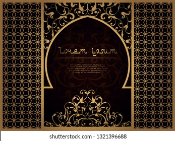 Arab flower frame for laser cutting. Page template for menu, greeting card, restaurant, wedding invitation. Interroom partition for Islamic interior. Ramadan Kareem carved cover, Ramadan Mubarak
