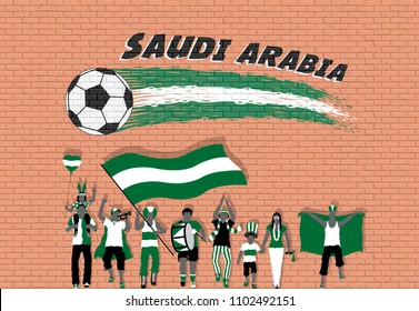 Arab football fans cheering with Saudi Arabia flag colors in front of soccer ball graffiti. All the objects are in different layers and the text types do not need any font. 