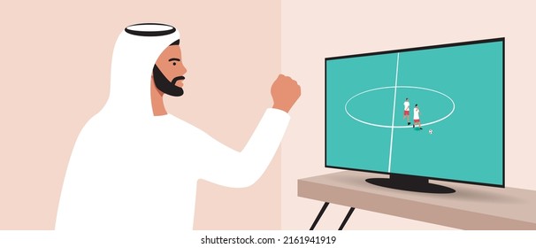 Arab football fans from Qatar. Flat vector stock illustration. Man supports football. Sports on your TV online