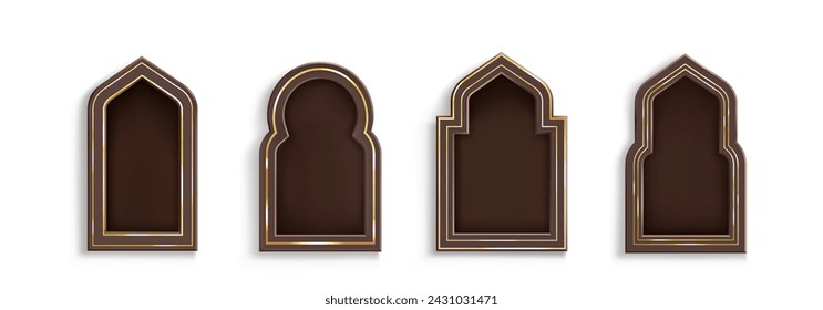 Arab frame in form of traditional shape window for header and text congratulation. Realistic vector illustration set of brown arch border with golden decoration. Simple text box and banner template.