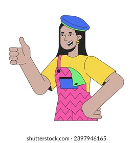 Niña arabe humorística que muestra el pulgar hacia arriba personaje de caricatura lineal 2D. Mujer adulta joven con traje retro de los años 80, línea aislada vectorial persona fondo blanco. Imagen de manchas planas de color de gesto nostalgia