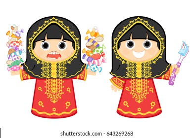 Arab girl brushing her teeth and the other one eating sweets and candies Vector illustration