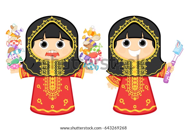 アラブの女の子が歯を磨き 他の女の子が甘いものやお菓子を食べているベクターイラスト のベクター画像素材 ロイヤリティフリー