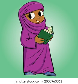 arab girl in purple clothes holding a book