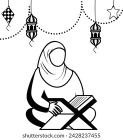 Arab Girl seeks spiritual nourishment Vector Design, Eid al-Adha Eid-ul-Kabir Symbol, Hajj Sign, Muslims religious Festival Stock illustration, Muslim woman wearing hijab and reciting Quran Concept