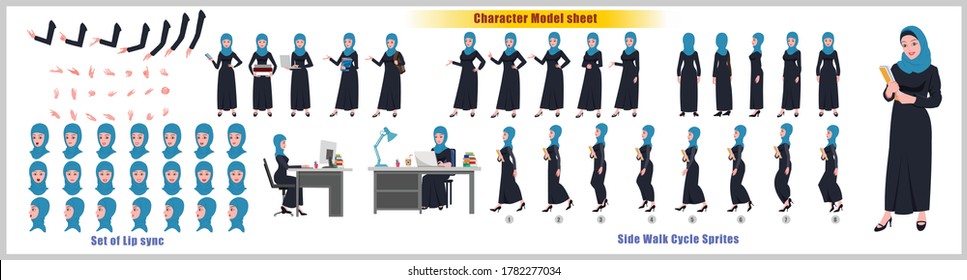 Arab Girl Student Character Design Model Sheet with walk cycle animation. Girl Character design. Front, side, back view and explainer animation poses. Character set with various views and lip sync