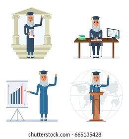 Arab girl studying at university. Muslim clothing. Flat vector cartoon illustration. Objects isolated on a white background.