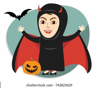 Arab Girl or Woman, celebrating the Halloween Day in some Costume Party. Being Scary and Creepy in a Vampire Character, with a Pumpkin and Bat.