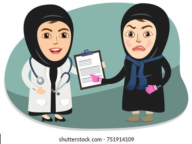 Arab Girl or Woman visiting a Clinic or Hospital for checkup. Doctor or Nurse is showing the Report. Suffering from some disease like Flu, fever, cold, cough because of winter weather. 