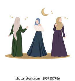 Arab girls in hijab and beautiful dresses. Several Muslim girls are models. Islamic models from the Arab Emirates on a white background. Vector illustration.