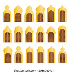 Arab gold buildings set of vector icons. Eastern architecture. Arches. Doors. Window