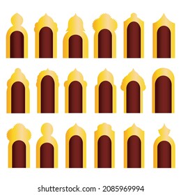 Arab gold buildings set of vector icons. Eastern architecture. Arches. Doors. Window