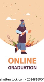 arab graduated student arabic female graduate celebrating academic diploma degree education university certificate concept vertical full length vector illustration