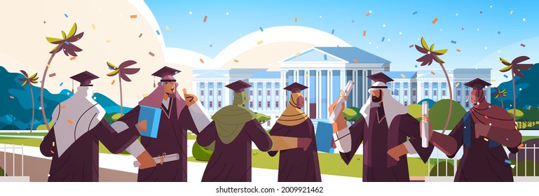 arab graduated students standing together near university building arabic graduates celebrating academic diploma degree