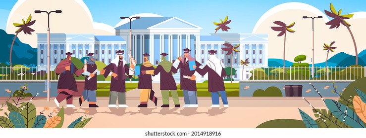 arab graduated students standing together near university building arabic graduates celebrating academic diploma degree