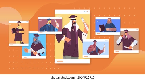 arab graduated students in web browser windows arabic graduates celebrating academic diploma degree