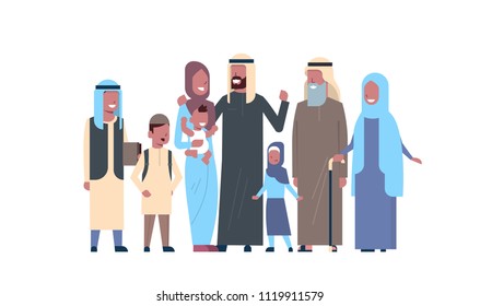 arab grandparents parents children grandchildren, multi generation family, full length avatar on white background, happy family together concept, tree of genus flat cartoon vector illustration