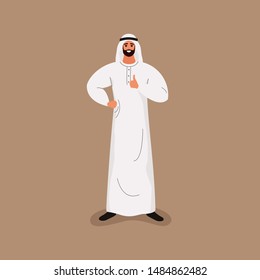 Arab handsome bearded man in traditional white clothes shows thumb up. Gesture cool. Vector illustration in cartoon style. 