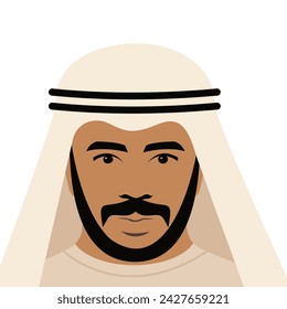 Arab handsome man portrait with beard and moustache. Wearing traditional clothing and headwear. Looking self assured and confident. Front view. Isolated.