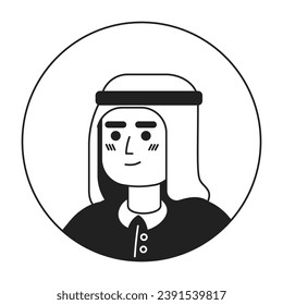 Arab headdress young adult man relaxed staring black and white 2D vector avatar illustration. Posing traditional outline cartoon character face isolated. Headshot casual flat user profile image
