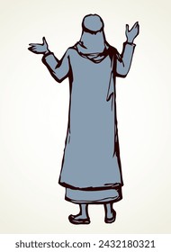 Arab with his hands up, stands with his back. Vector drawing