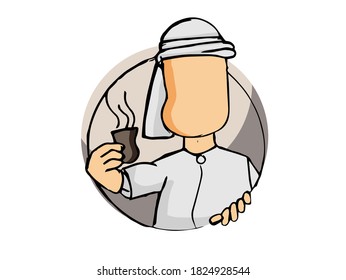 Arab holding a coffee cup on a white background, suitable for coffee shops and coffee adverts 