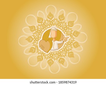 Arab holding a red heart, hand drawn sketch on an isolated white background. Suitable for mother's day, father's day, teacher's day adverts. To express gratitude, love, happiness, and hope