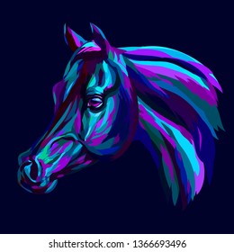 Arab horse. Abstract, hand-drawn multicolored portrait of a horse's head on a dark blue background.