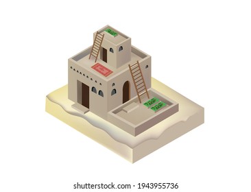 Arab house. Traditional national dwellings of the Arab peoples. An adobe hut. Vector illustration.