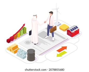 Arab investments in agriculture flowchart, flat vector isometric illustration. Business partners shaking hands, farm building, windmill, money, oil barrel, gold ingots. Investing in farming industry.