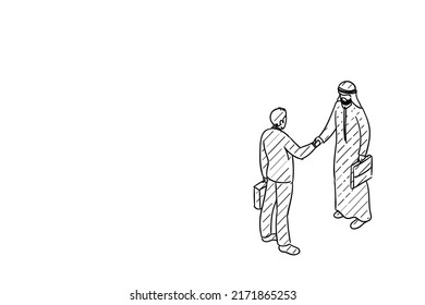 Arab investor deal with european business man. Hand drawn vector illustration design